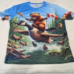 This is a "Don't Mess With Canada" beaver riding a Canada goose t-shirt. 